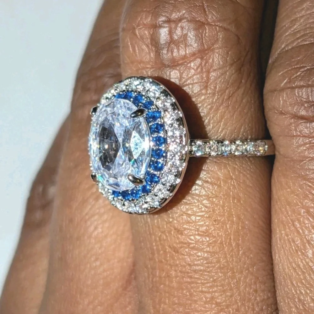 3Ct Blue Halo White Diamond Simulated Engagement Ring 14K White Gold Plated Sz 7